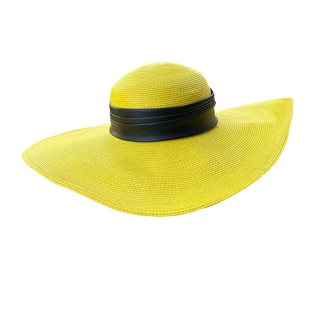 Vintage Yellow Wide Brim Sun Hat Black Faux Leather Trim Floppy‎ Straw Beach Hat